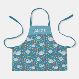 Girls Cute Rainbow Narwhal & Name Turquoise Kinder Schort