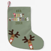 Girls Cute Reindeer Green First Christmas Stocking Kleine Kerstsok (Voorkant)
