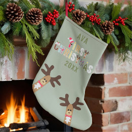 Girls Cute Reindeer Green First Christmas Stocking Kleine Kerstsok
