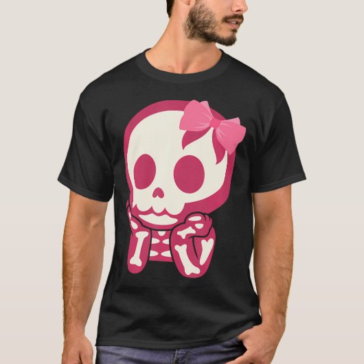 Girls Cute Skull Xray Pink Bow Stropdas Skeleton T-shirt (Voorkant)