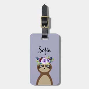 Girls Cute Sloth Waterverf Flowers en Name Bagagelabel
