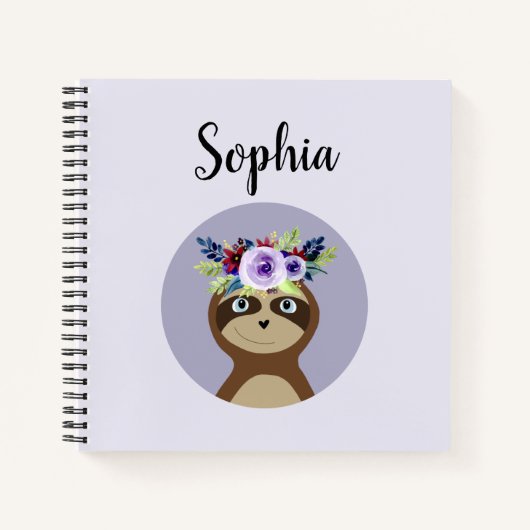 Girls Cute Sloth Waterverf Flowers en Name Notitieboek (Voorkant)