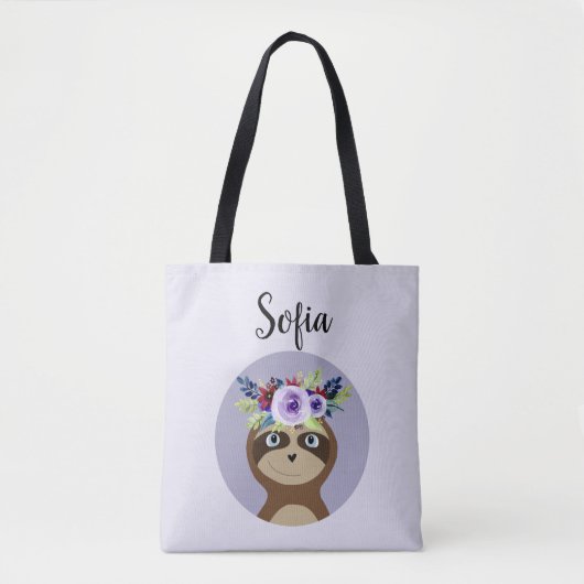 Girls Cute Sloth Waterverf Flowers & Name Tote Bag (Voorkant)