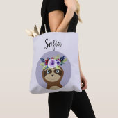 Girls Cute Sloth Waterverf Flowers & Name Tote Bag (Dichtbij)