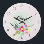 Girls Cute Spring Botanical Flowers en Name Kinder Grote Klok<br><div class="desc">Dit prachtige kinder bloem klokontwerp kenmerkt schattige bloemen voor de waterverf van de lente en biedt ruimte om je meisjesnaam in een elegant lettertype te schrijven. Een perfecte pastel,  botanische toevoeging aan je kleine kamer of kleuterschool.</div>