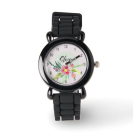 Girls Cute Spring Botanical Flowers en Name Kinder Horloge
