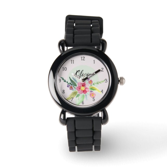 Girls Cute Spring Botanical Flowers en Name Kinder Horloge (Voorkant)