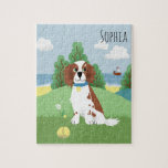 Girls Cute Springer Spaniel Dog Cartoon Kinder Legpuzzel<br><div class="desc">Dit schattige en moderne kinder puzzelontwerp is voorzien van een schattige springerspanielhond,  met een oceaan en strand,  heuvels en blauwe lucht,  en kan gepersonaliseerd worden met je meisjesnaam. Het perfecte schattige en griezelige cadeau voor een spaniel minnaar.</div>