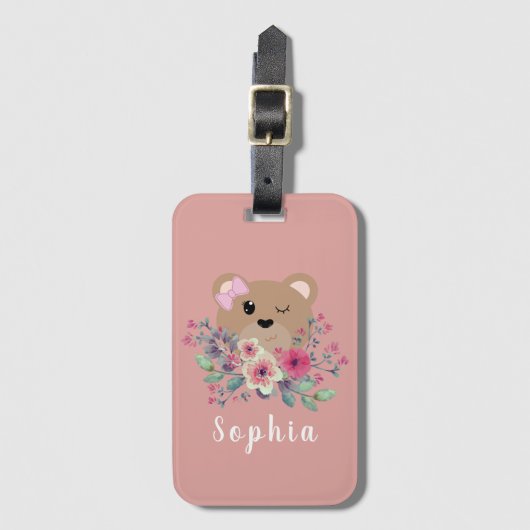 Girls Cute Teddy Bear Blush Pink Name Kinder Bagagelabel (Voorkant (verticaal))
