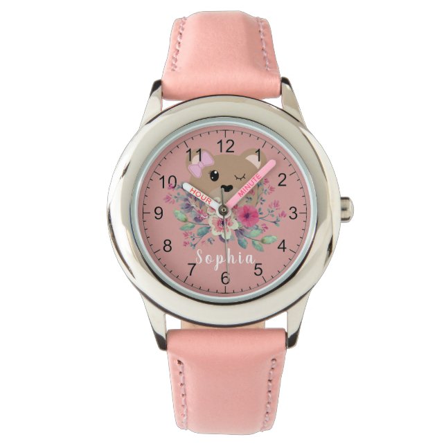Girls Cute Teddy Bear Blush Pink & Name Kinder Wat Horloge (Voorkant)