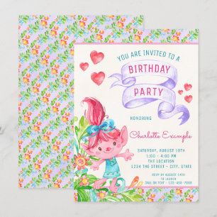 Girls Cute Troll Birthday Party Kaart