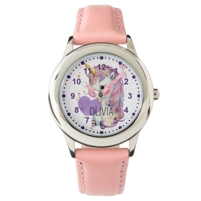 Girls Cute Unicorn Magical Paars Custom Name Horloge (Voorkant)