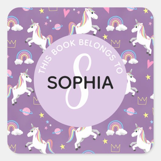 Girls Cute Unicorn Pattern en Name Kinder Bookplat Vierkante Sticker (Voorkant)