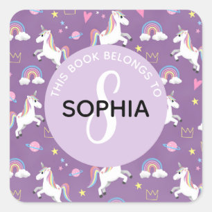 Girls Cute Unicorn Pattern en Name Kinder Bookplat Vierkante Sticker