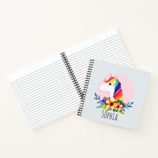 Girls Cute Waterverf Rainbow Unicorn & Name Kinder Notitieboek (Binnen)