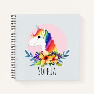 Girls Cute Waterverf Rainbow Unicorn & Name Kinder Notitieboek