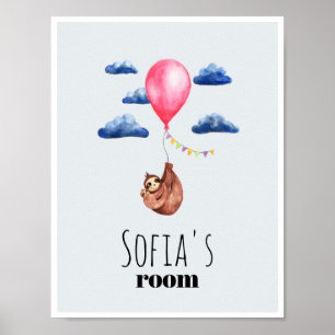 Girls Cute Waterverf Sloth Animal en Name Kinder Poster