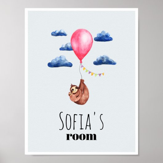 Girls Cute Waterverf Sloth Animal en Name Kinder Poster (Voorkant)
