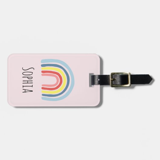 Girls Cute Whimsical Rainbow Cartoon en Name Kinde Bagagelabel (Voorkant horizontaal)