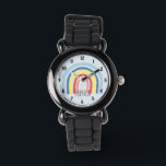 Girls Cute Whimsical Rainbow Cartoon en Name Kinde Horloge<br><div class="desc">Dit prachtige schattige boho kinderen horloge heeft een schattige regenboog cartoon. Dit mooie kleurrijke ontwerp beschikt ook over een plek voor u om de naam van uw meisje toe te voegen. Met duidelijke, gemakkelijk leesbare nummers is dit 'eerste' horloge geweldig voor diegenen die net beginnen met het leren van de...</div>