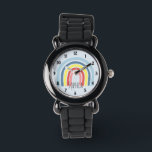 Girls Cute Whimsical Rainbow Cartoon en Name Kinde Horloge<br><div class="desc">Dit prachtige schattige boho kinderen horloge heeft een schattige regenboog cartoon. Dit mooie kleurrijke ontwerp beschikt ook over een plek voor u om de naam van uw meisje toe te voegen. Met duidelijke, gemakkelijk leesbare nummers is dit 'eerste' horloge geweldig voor diegenen die net beginnen met het leren van de...</div>