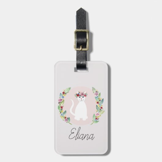 Girls Cute White Cat met Flowers en Name Kinder Bagagelabel (Voorkant verticaal)