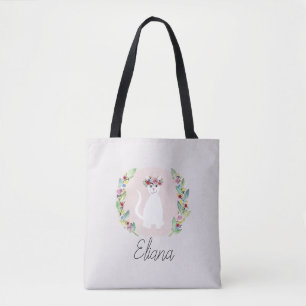 Girls Cute White Cat met Flowers en Name Kinder Tote Bag