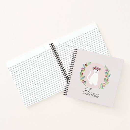 Girls Cute White Cat met Flowers en Name Notitieboek (Binnen)