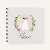 Girls Cute White Cat met Flowers en Name Notitieboek (Voorkant)