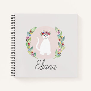Girls Cute White Cat met Flowers en Name Notitieboek
