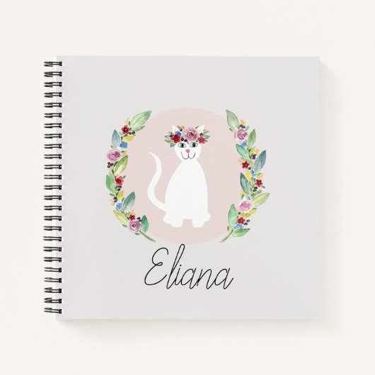 Girls Cute White Cat met Flowers en Name Notitieboek (Voorkant)