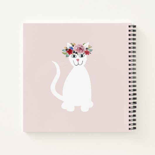 Girls Cute White Cat met Flowers en Name Notitieboek (Achterkant)