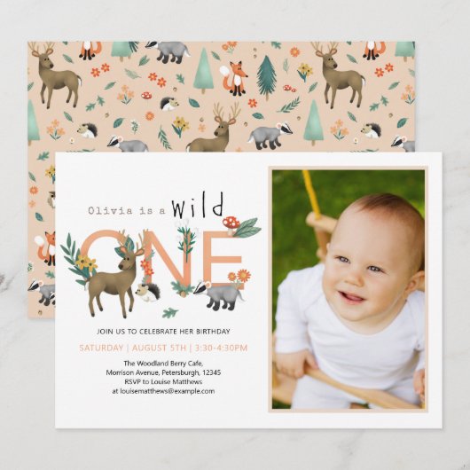 Girls Cute Wild One Woodland Animals 1e verjaardag Kaart (Voorkant / Achterkant)