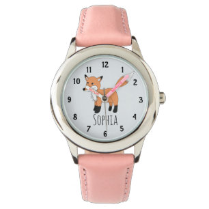 Girls Cute Woodland Fox Cartoon en Name Kinder Horloge