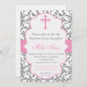 Girls Damask Baptism Pink and Grey Invitation Kaart (Voorkant / Achterkant)