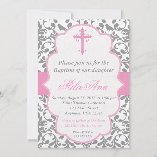 Girls Damask Baptism Pink and Grey Invitation Kaart (Voorkant)