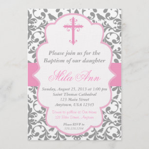 Girls Damask Baptism Pink and Grey Invitation Kaart