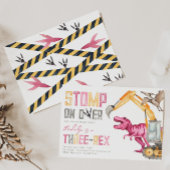 Girl's Dino Construction 3rd Birthday Invitation Kaart