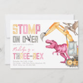 Girl's Dino Construction 3rd Birthday Invitation Kaart (Voorkant)