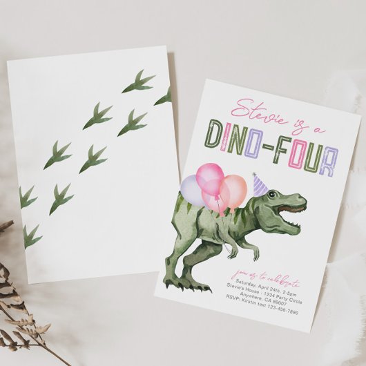 Girl's Dino-Four Verjaardag Uitnodiging