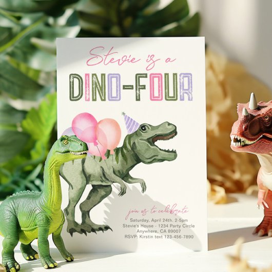 Girl's Dino-Four Verjaardag Uitnodiging
