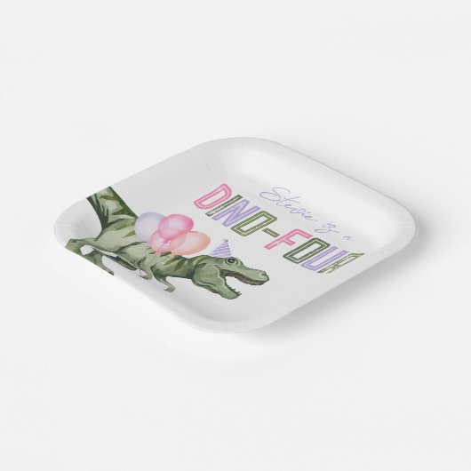 Girl's Dino Vier Verjaardag Party Borden Papieren Bordje (Gebogen)
