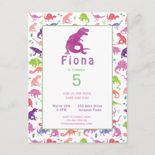 Girls Dinosaur Birthday Party Briefkaart Invitatio (Voorkant)