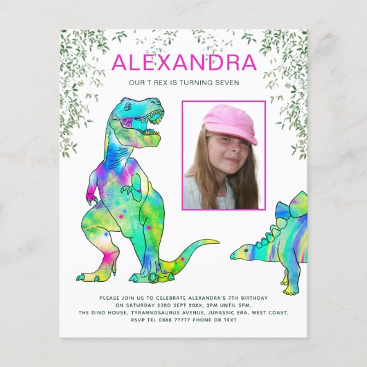 Girls Dinosaur Birthday Party Budget Invitation Flyer (Voorkant)