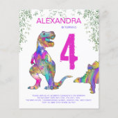 Girls Dinosaur Birthday Party Budget Invitation Flyer (Voorkant)