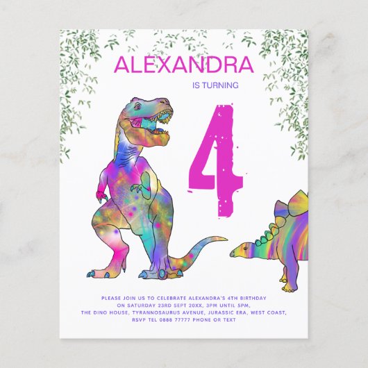 Girls Dinosaur Birthday Party Budget Invitation Flyer (Voorkant)