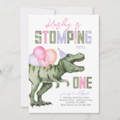 Girl's Dinosaur Eerste Verjaardag Uitnodiging (Voorkant)