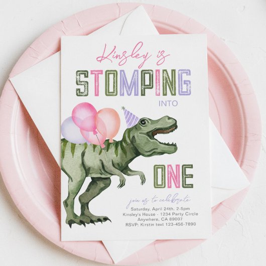 Girl's Dinosaur Eerste Verjaardag Uitnodiging