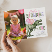 Girl's Dinosaur Eerste Verjaardag Uitnodiging