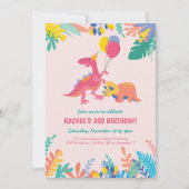 Girls Dinosaur Party Birthday Invitation - Roze Kaart (Voorkant)